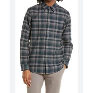 THEORY Men’s Noll NP Flannel Button-Up in Charcoal/Dusty Orchid-Size Medium